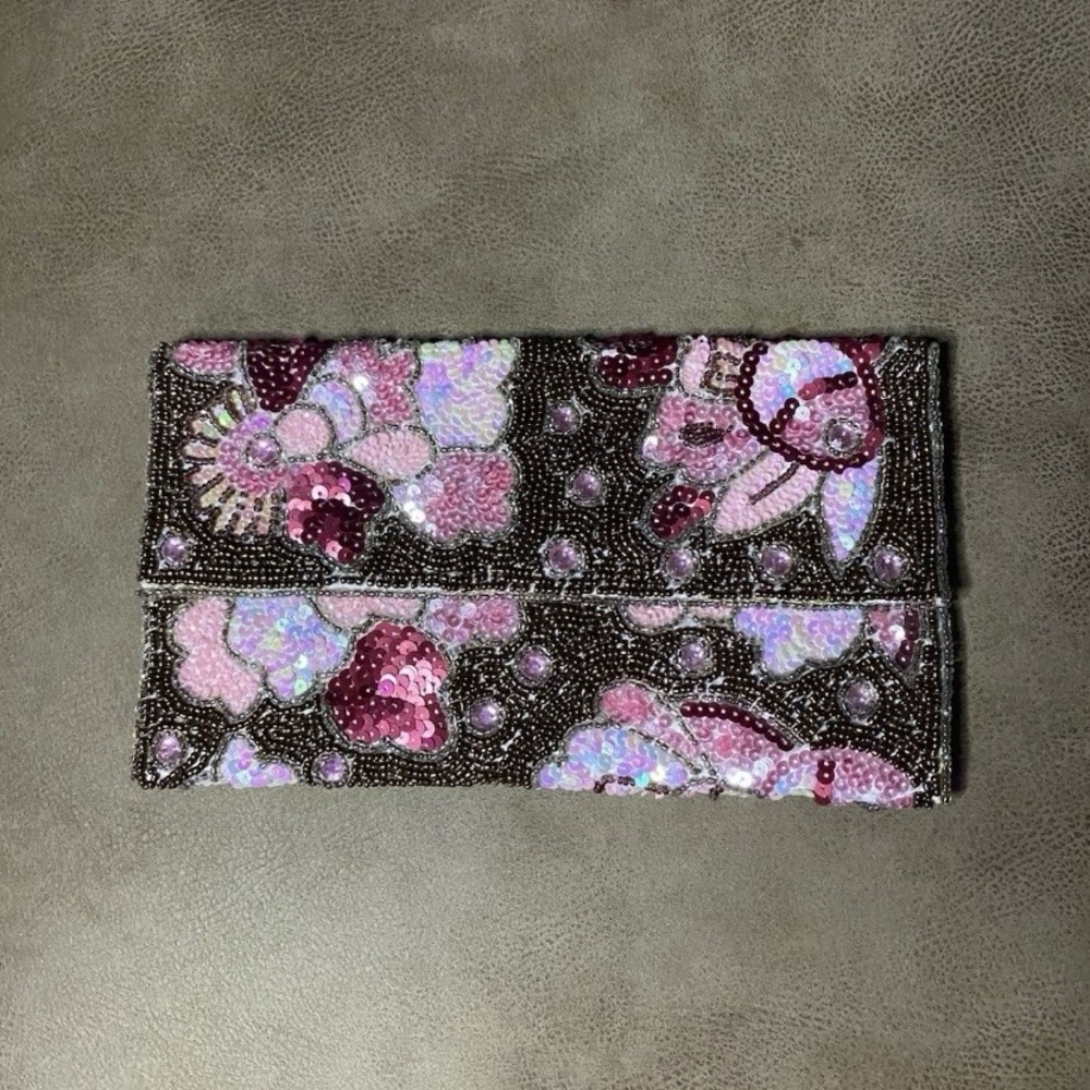 Vintage Pink & Brown Beaded Sequin Floral Clutch Purse – Satin Lining